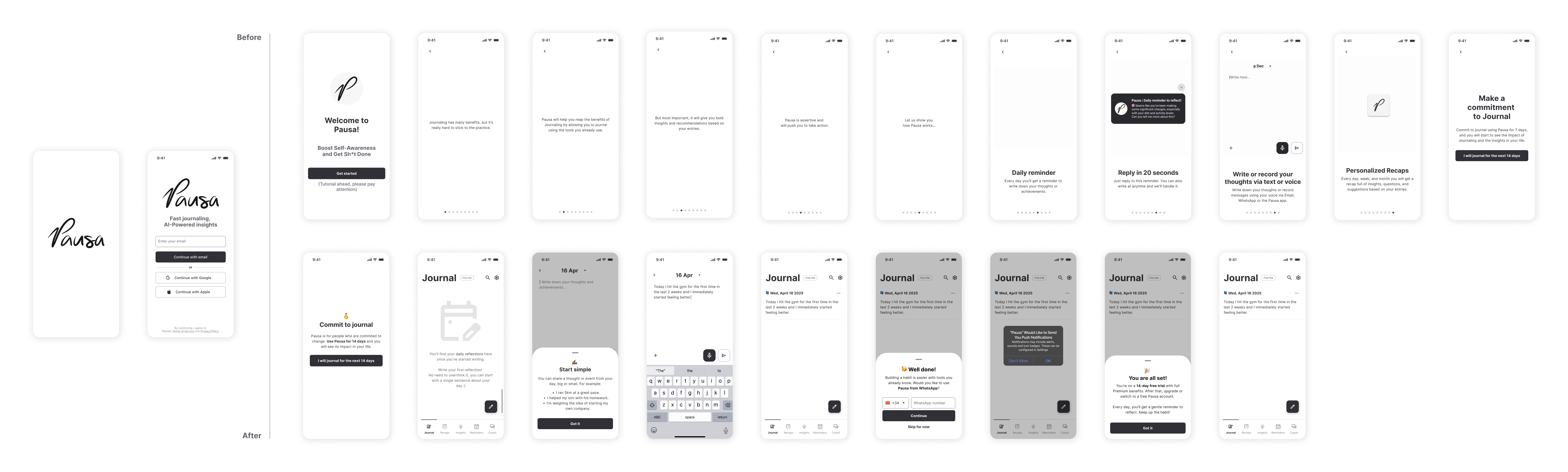 Pausa onboarding flow — full screen spread